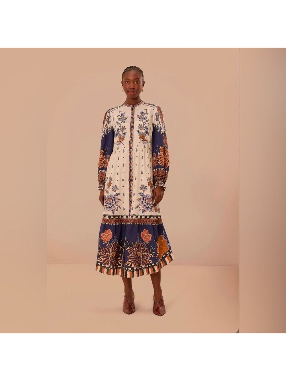 Farm Rio Off-White Ainika Maxi Floral Long Sleeve Midi Dress